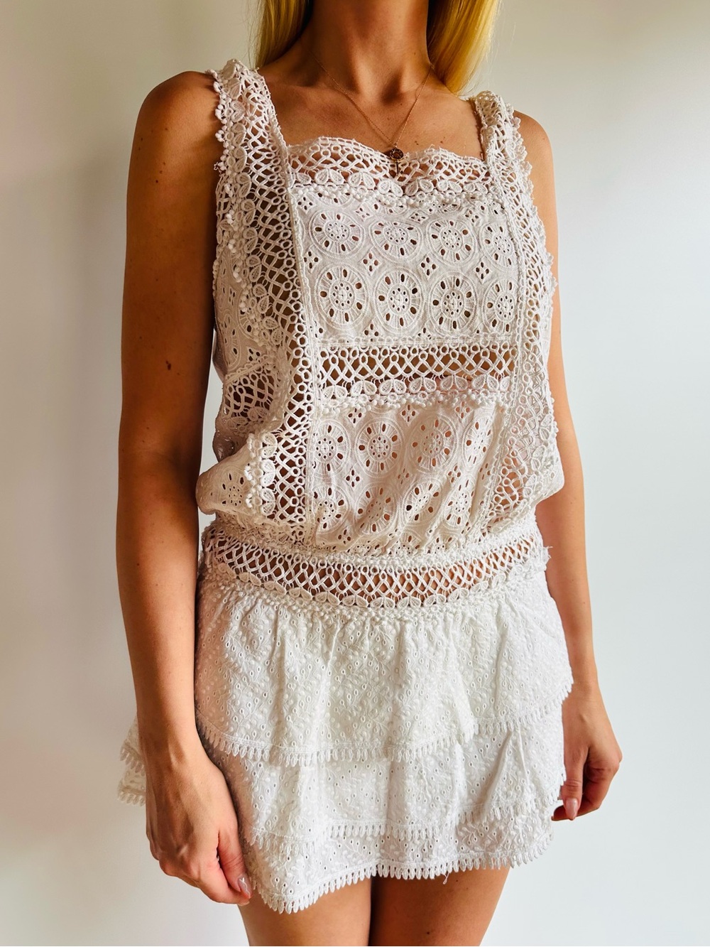 OndadeMar White Lace Eyelet Crochet Tiered Dress Coverup Boho Mini